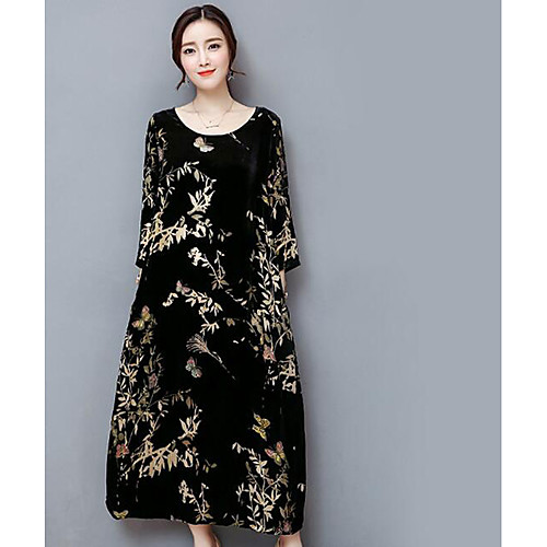 

Women's Swing Dress Maxi long Dress Black 3/4 Length Sleeve Plants Print Round Neck M L XL XXL 3XL / Plus Size