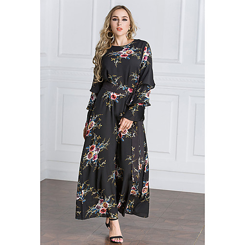 

Women's Swing Dress Maxi long Dress Black Long Sleeve Floral Print Spring & Fall Round Neck Floral M L XL XXL 3XL 4XL 5XL 6XL 7XL / Plus Size