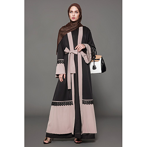 

Women's Abaya Maxi long Dress Light Brown Long Sleeve Solid Colored Color Block Lace Fall Round Neck S M L XL XXL 3XL 4XL 5XL / Plus Size