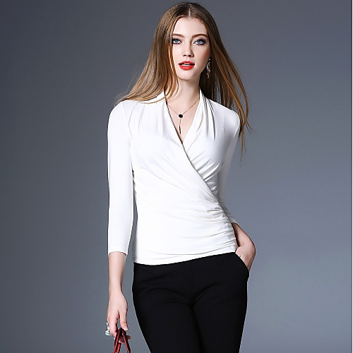 

Women's Solid Colored T-shirt 3/4 Length Sleeve Holiday Tops Vintage Streetwear Sophisticated V Neck White Black / Boho / Going out