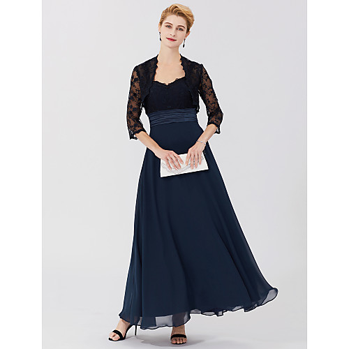 

Two Piece Ball Gown A-Line Mother of the Bride Dress Plus Size Elegant Straps Ankle Length Chiffon Sheer Lace Sleeveless with Sash / Ribbon 2021