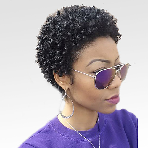 

Human Hair Blend Wig Short Afro Kinky Curly Short Hairstyles 2020 Berry Kinky Curly Afro African American Wig Machine Made Women's Natural Black #1B 8 inch