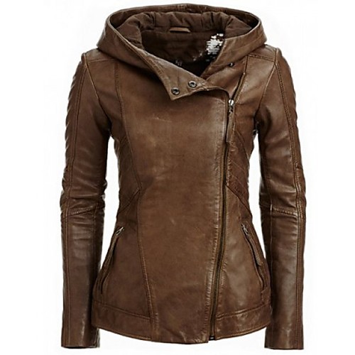 

Women's Solid Colored Basic Fall Faux Leather Jacket Short Daily Long Sleeve PU Coat Tops Brown