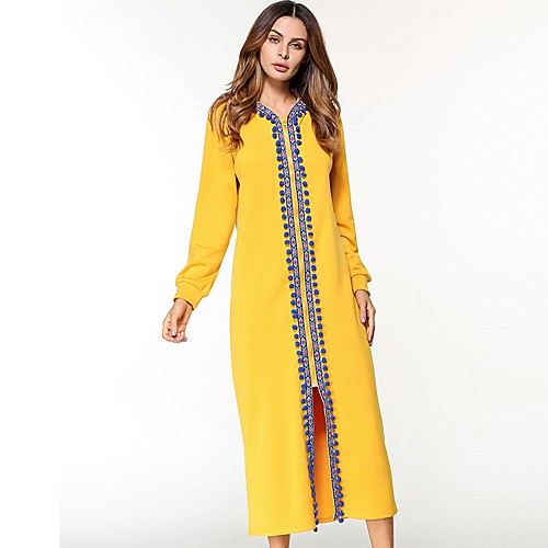 

Women's Tunic Maxi long Dress Yellow Long Sleeve Solid Colored All Seasons Round Neck Cotton M L XL XXL