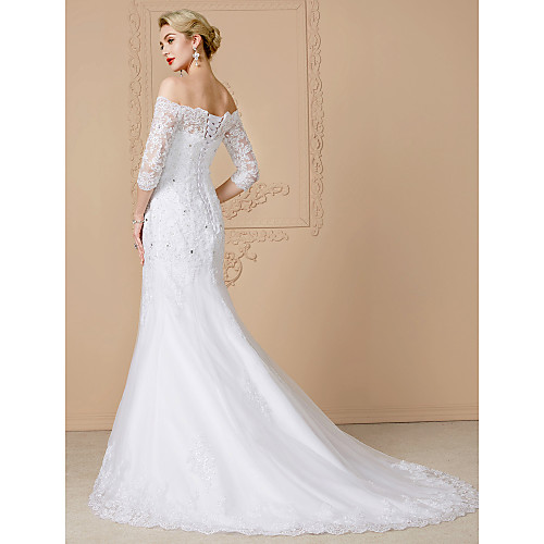 

Mermaid / Trumpet Wedding Dresses Off Shoulder Court Train Lace Over Tulle 3/4 Length Sleeve Floral Lace Illusion Sleeve with Beading Appliques 2021