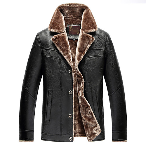 

Men's Fur Coats Color Block Fur Trim Chinoiserie Fall Faux Leather Jacket Regular Daily Long Sleeve Faux Fur Coat Tops Black