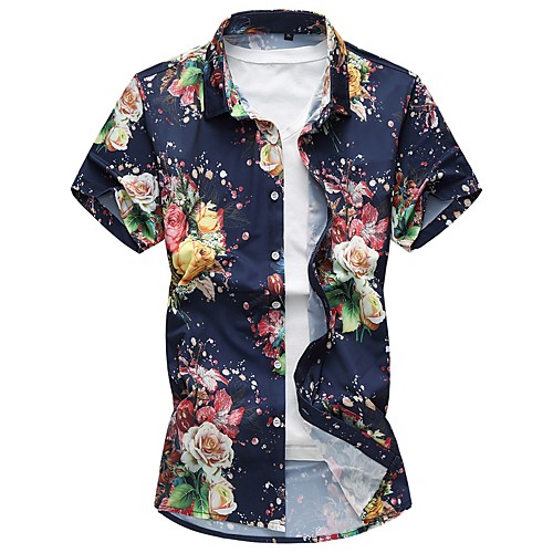 

Men's Shirt Floral Plus Size Short Sleeve Daily Tops Cotton Chinoiserie White Navy Blue