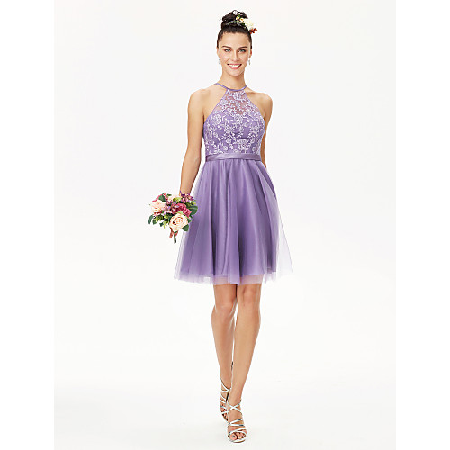 

Ball Gown / A-Line Jewel Neck Short / Mini Tulle / Corded Lace Bridesmaid Dress with Sash / Ribbon / Pleats / Appliques