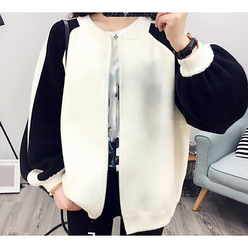 

Women's Casual Color Block Cardigan Long Sleeve Regular Sweater Cardigans Round Neck Winter White Black / Going out