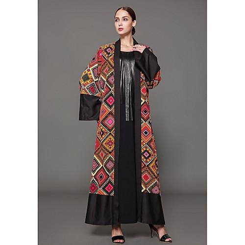 

Women's Jalabiya Maxi long Dress Orange Long Sleeve Geometric Print Spring, Fall, Winter, Summer Round Neck Sophisticated S M L XL XXL 3XL 4XL 5XL / Plus Size