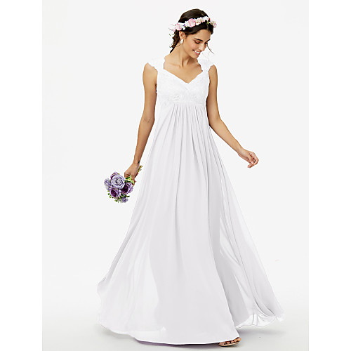 

Sheath / Column Queen Anne Floor Length Chiffon / Corded Lace Bridesmaid Dress with Lace / Pleats / See Through