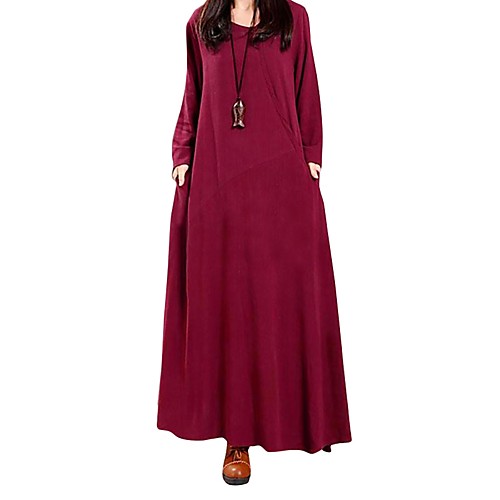 

Women's Loose Maxi long Dress Black Wine Green Long Sleeve Solid Colored Vintage Oversized Fall Winter Round Neck Vintage Cotton Oversized