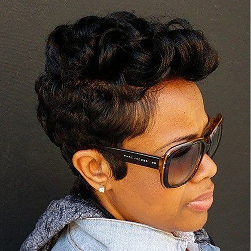 

Human Hair Blend Wig Short Curly Jerry Curl Short Hairstyles 2020 Berry Curly Jerry Curl African American Wig Machine Made Women's Natural Black #1B 8 inch