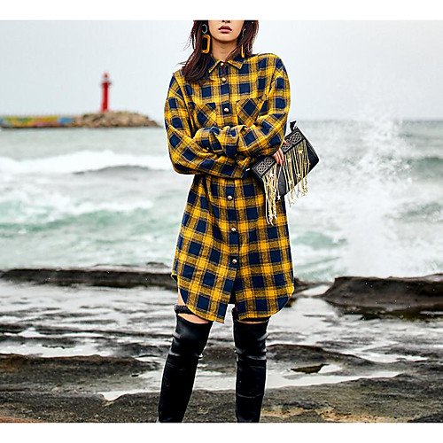 

Women's Sheath Dress Knee Length Dress Yellow Long Sleeve Plaid Winter Shirt Collar S M