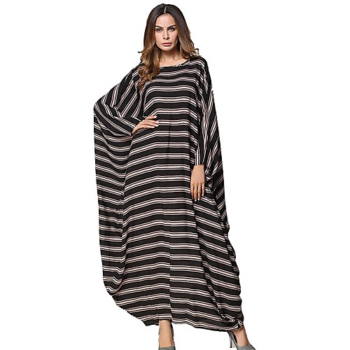 

Women's Tunic Maxi long Dress Black Long Sleeve Striped Round Neck Cotton One-Size