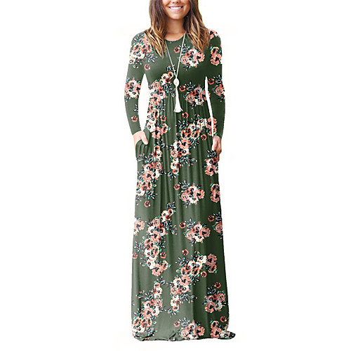 

Women's Sheath Dress Maxi long Dress White Black Blushing Pink Wine Army Green Royal Blue Light Blue Long Sleeve Floral Vintage Print Fall Spring Round Neck Boho Holiday Going out Loose S M L XL XXL