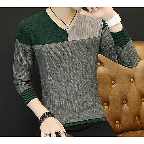 

Men's Casual Color Block Pullover Cotton Long Sleeve Slim Short Sweater Cardigans Round Neck Fall Winter Yellow Green / Weekend