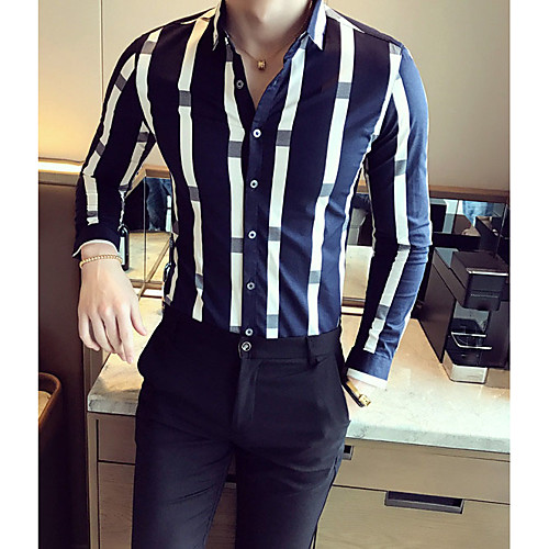 

Men's Shirt Striped Print Long Sleeve Going out Tops Cotton White Navy Blue