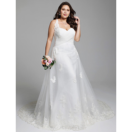 

A-Line Wedding Dresses Sweetheart Neckline Court Train Tulle Over Lace Regular Straps Simple Vintage Illusion Detail with Criss Cross Appliques Lace-up 2021
