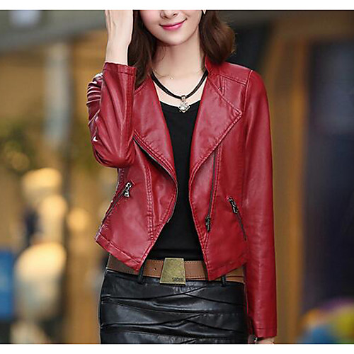 

Women's Solid Colored Simple Spring Notch lapel collar Faux Leather Jacket Short Daily Long Sleeve PU Coat Tops Black