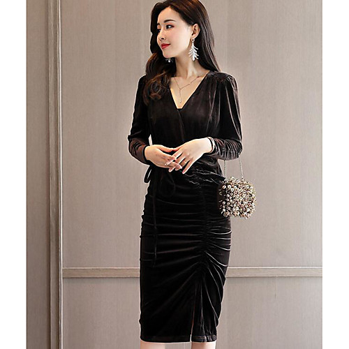 

Women's Sheath Dress Midi Dress Black Blue Brown Gray Long Sleeve Solid Colored V Neck Velvet S M L XL XXL 3XL / Plus Size