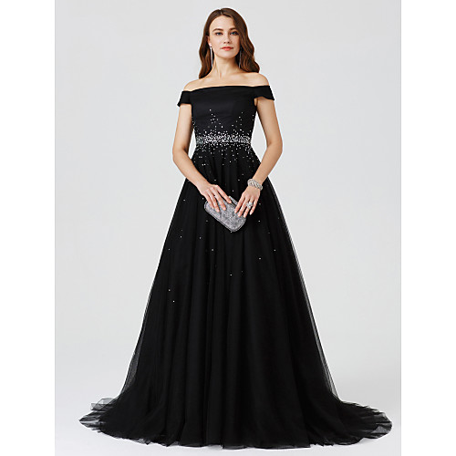 

Ball Gown Minimalist Holiday Cocktail Party Formal Evening Dress Off Shoulder Short Sleeve Sweep / Brush Train Tulle with Beading 2021