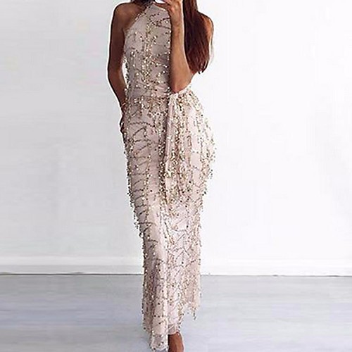 

Women's Swing Dress Maxi long Dress Gold Sleeveless Solid Colored U Neck Sequins S M L XL