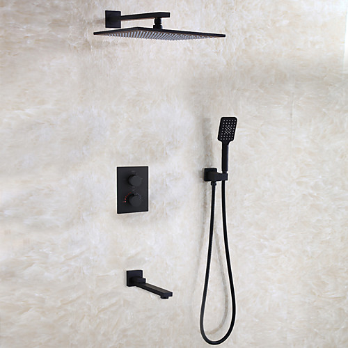 

Shower Faucet Set - Thermostatic Rain Shower Contemporary / Modern Contemporary Black Wall Mounted Ceramic Valve Bath Shower Mixer Taps / Brass / Two Handles Four Holes