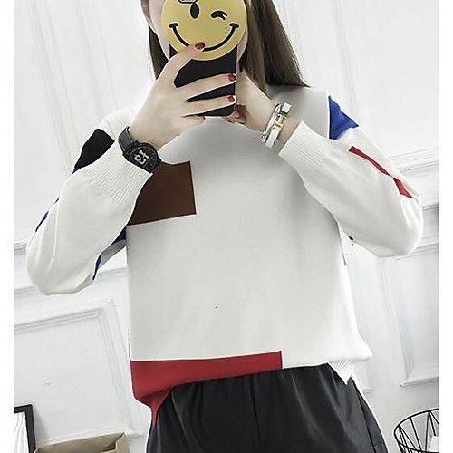 

Women's Color Block Pullover Long Sleeve Regular Sweater Cardigans Round Neck Winter White Black