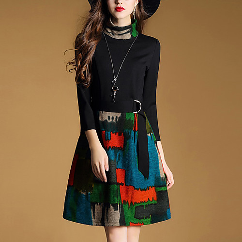 

Women's A Line Dress Short Mini Dress Black 3/4 Length Sleeve Color Block Print Fall Winter Turtleneck Streetwear S M L XL XXL