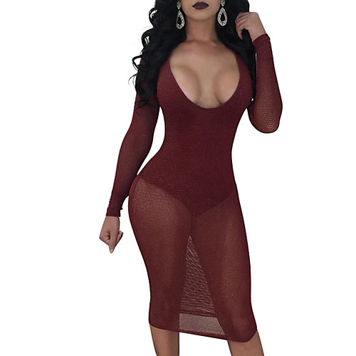 

Women's Bodycon Knee Length Dress Black Wine Long Sleeve Solid Colored Mesh Round Neck S M L XL