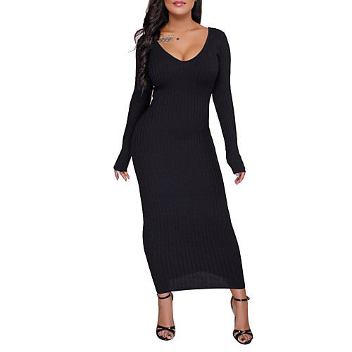 

Women's Bodycon Maxi long Dress White Black Long Sleeve Solid Colored Pure Color Fall Spring V Neck Casual Streetwear S M L XL XXL 3XL / Plus Size