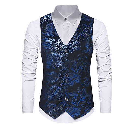 

Black / Blue Floral Slim Polyester Men's Suit - V Neck / Fall / Spring / Sleeveless / Print