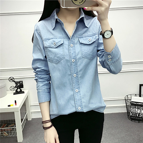 

Women's Shirt Solid Colored Long Sleeve Daily Tops Cotton Blue Light Blue