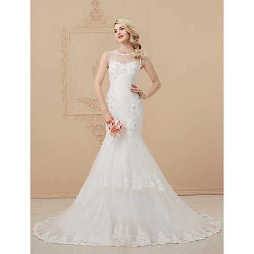 

Mermaid / Trumpet Wedding Dresses Scoop Neck Court Train Lace Over Tulle Regular Straps Romantic Sexy Sparkle & Shine Illusion Detail Backless with Beading Appliques 2021