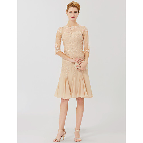 

Sheath / Column Mother of the Bride Dress Classic & Timeless Elegant & Luxurious Beautiful Back Illusion Neck Knee Length Chiffon All Over Lace Half Sleeve with Appliques 2021
