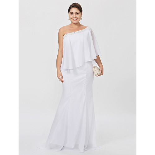 

Sheath / Column Mother of the Bride Dress Classic & Timeless Elegant & Luxurious Plus Size One Shoulder Floor Length Chiffon Sleeveless with Beading 2021