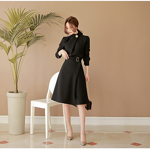 

Women's Shirt Dress Knee Length Dress Black Long Sleeve Black Solid Colored Fall Spring Stand Collar Streetwear Puff Sleeve S M L
