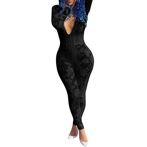 

Women's Streetwear Going out Deep V Lace White Black Slim Jumpsuit Solid Colored Lace