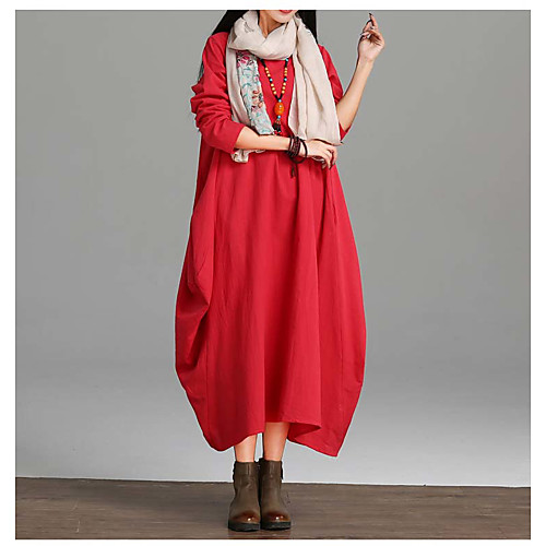 

Women's Loose Maxi long Dress White Blue Red Long Sleeve Red Solid Colored Fall Spring Round Neck Cotton M L XL XXL