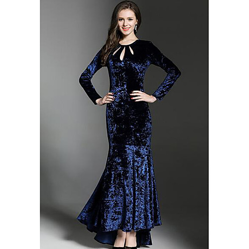 

Women's Sheath Dress Maxi long Dress Blue Long Sleeve Print Fall Winter Round Neck Velvet S M L XL