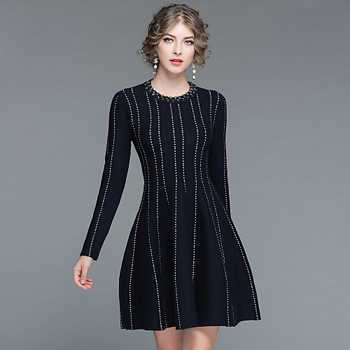 

Women's Skater Knee Length Dress Black Long Sleeve Striped Beaded Fall Winter Round Neck Streetwear Going out S M L XL