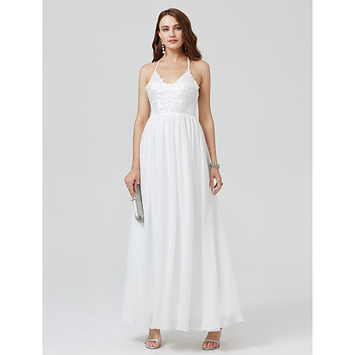 

Ball Gown Minimalist Holiday Cocktail Party Prom Dress Spaghetti Strap Sleeveless Floor Length Chiffon Lace with Pleats Beading 2021