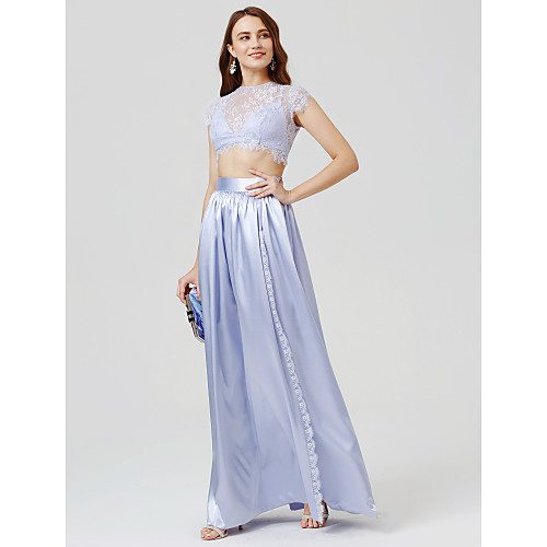 

Two Piece Sheath / Column Two Piece Holiday Cocktail Party Prom Dress Jewel Neck Short Sleeve Floor Length Chiffon Lace with Lace Split Front 2021