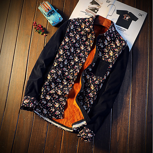 

Men's Shirt Color Block Floral Long Sleeve Daily Tops Cotton Streetwear Black