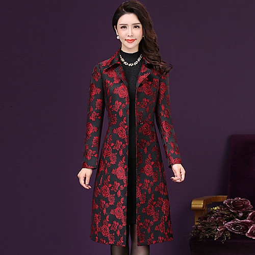 

Women's Trench Coat Floral Print Sophisticated Fall Trench Coat Maxi Going out Long Sleeve Polyester Coat Tops Red