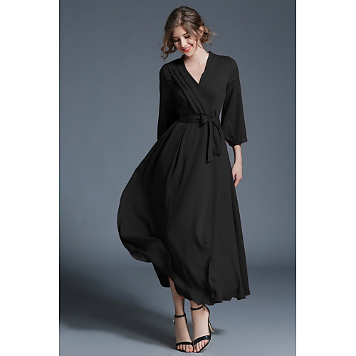 

Women's Swing Dress Maxi long Dress Black Long Sleeve Solid Colored Fall V Neck Boho Going out S M L XL