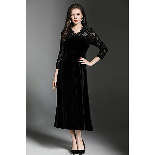 

Women's A Line Dress Maxi long Dress Black 3/4 Length Sleeve Solid Colored Lace Winter Spring V Neck Streetwear Party Work Velvet Velvet S M L XL XXL