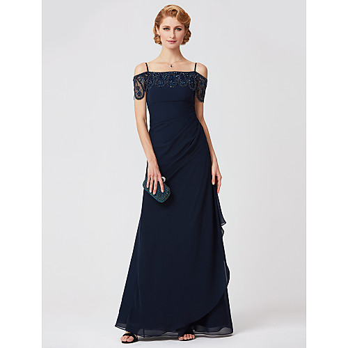 

Sheath / Column Mother of the Bride Dress Off Shoulder Floor Length Polyester Short Sleeve with Pleats Beading 2021