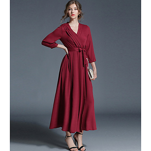 

Women's Loose Maxi long Dress Red Long Sleeve Solid Colored Fall V Neck S M L XL